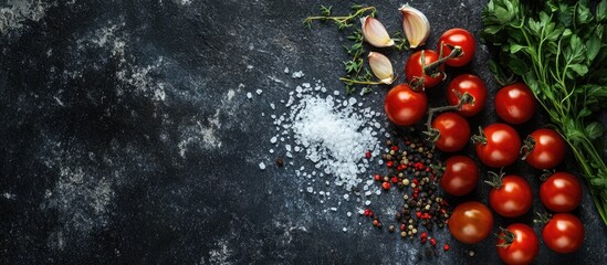 Fototapete - Ingredients for preparing cherry tomatoes salt spices and herbs on a dark concrete surface. with copy space image. Place for adding text or design