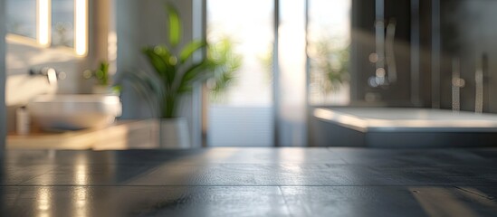 Poster - Tabletop with a blurred bathroom in the background. with copy space image. Place for adding text or design