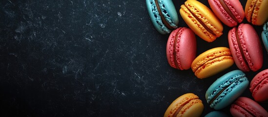 Leinwandbilder - Colorful macaroons on a textured black background Text Copy Space