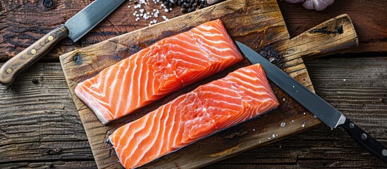 Aufkleber - Raw salmon steaks on a white cutting board with a knife set against a kitchen table background with ingredients top view Concept of healthy eating and cooking clean or diet food