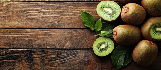 A pile of whole and sliced fresh kiwis on a wooden table viewed from above Room for text. with copy space image. Place for adding text or design