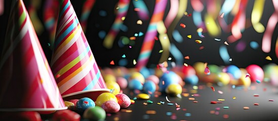 Poster - Party background image featuring party hats streamers and colorful candies captured with copy space
