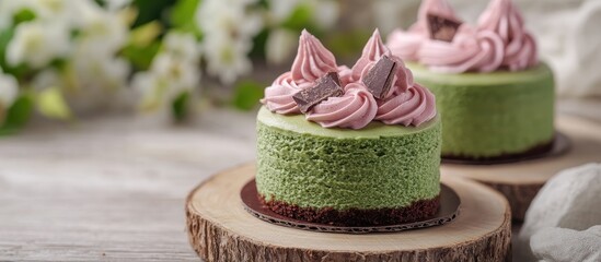 Poster - Green cakes with matcha flavored chocolate and pink frosting on a light wooden background Selective focus Copy space