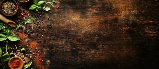 Poster - Food background on a dark brown wooden table Herbs and spices on an antique wooden tabletop top view Copyspace for text Cooking ingredients