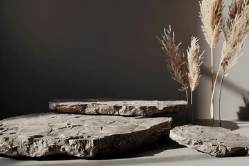 Wall Mural - podium display, on dark background with stone, wood and dry pampas grass. dark cosmetic, beauty product promotion rock pedestal with shadow. Natural showcase