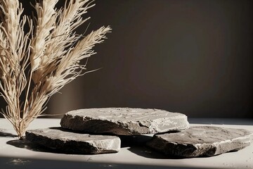 Wall Mural - podium display, on dark background with stone, wood and dry pampas grass. dark cosmetic, beauty product promotion rock pedestal with shadow. Natural showcase