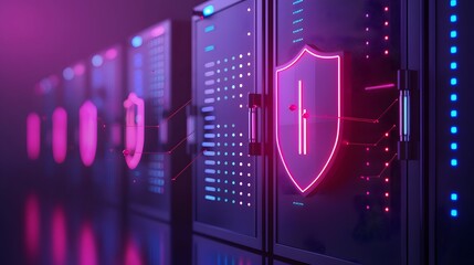 Poster - Data center servers with cybersecurity shield icon, digital data protection and information security concept. Purple lighting ambiance.