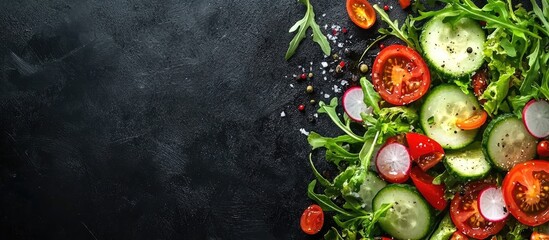 Poster - Vegetable salad tomato cucumber radish pepper arugula onion etc Top view food background copyspace