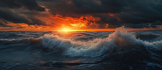 Aufkleber - Baltic Sea beneath striking sunset clouds following a storm Waves and splashing water create an epic seascape Cyclone gale storm harsh weather meteorology ecology climate change natural occurrences