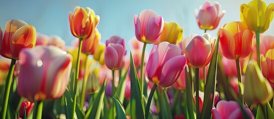 Poster - Tulips set against a background of a cloudy sky. with copy space image. Place for adding text or design