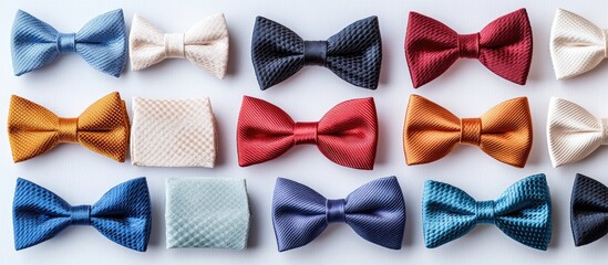 Poster - A collection of bow ties in various colors lined up on a white background for congratulatory messages with a square frame and copy space captured in close up