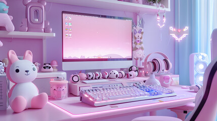 Wall Mural - Cute Streamer girl's workstation baby pink color High quality, detailed, cartoon style