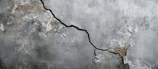 Wall Mural - Large crack on the gray wall abstract representation of the vertical fissure Close up Selective focus Copy space