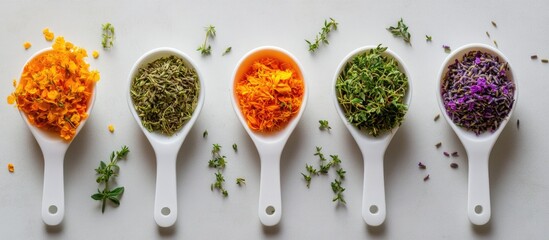 Poster - Plastic scoops containing olive oil dried marigold lavender parsley and dog rose flowers Concept of aromatherapy herbal medicine and natural care for skin and hair Top view copy space