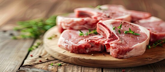 Aufkleber - Raw pork loin chops on a wooden table background with copy space top view