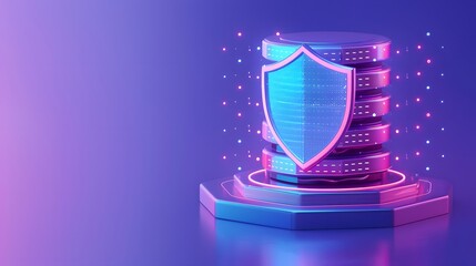 Poster - Digital security concept with data protection. 3D illustration of server and shield icon on a glowing background.
