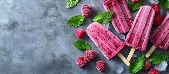 Aufkleber - Homemade raspberry ice cream or popsicles garnished with green mint leaves and frozen berries on a gray concrete background Top view copyspace
