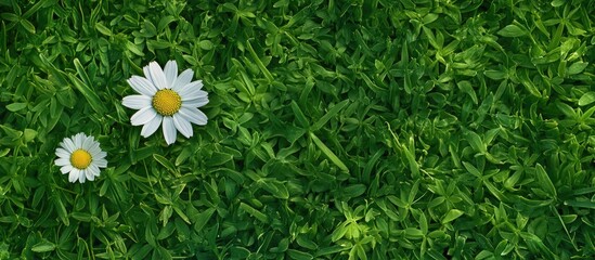 Leinwandbilder - One chamomile flower and a daisy on a backdrop of green grass Top view close up. with copy space image. Place for adding text or design