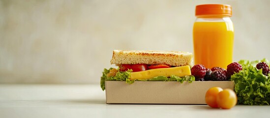 Poster - Box containing school lunch and a juice bottle Sandwich with cheese and salad along with fresh berries for a baby food option Light backdrop and room for text Copy space High quality photo