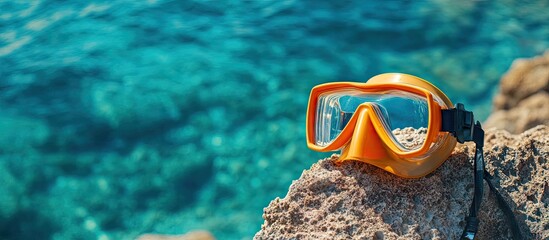 Poster - Diving mask and snorkel placed on a rock at the seaside Concept of diving or summer ocean travel Gear for scuba diving. with copy space image. Place for adding text or design