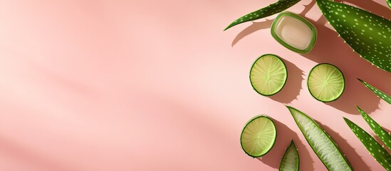 Poster - Flat lay arrangement featuring cosmetic products and sliced aloe leaves on a pink background Space for text. with copy space image. Place for adding text or design