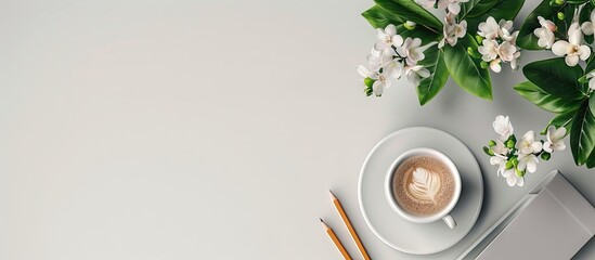 Aufkleber - Office desk with supplies a coffee cup and a flower Top view featuring copy space