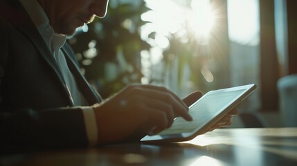Poster - a person working on a tablet device in a modern office during the evening