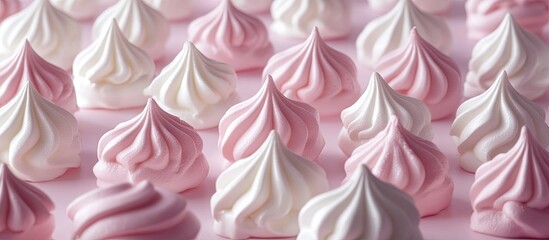Leinwandbilder - The light meringue in white and pink is arranged in rows and columns on a light desk. with copy space image. Place for adding text or design