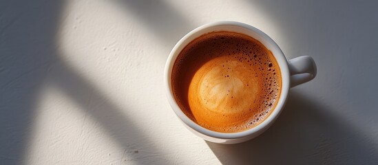 Aufkleber - Beautiful texture on the espresso crema s surface in a cup on a white table close up Aroma of medium dark roasted Arabica coffee brewed as espresso Food and beverage photography with a minimalist sty