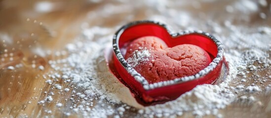 Aufkleber - elevated view of a heart shaped cookie cutter on red powder. with copy space image. Place for adding text or design
