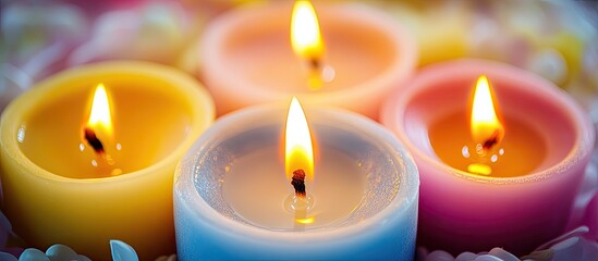 Poster - White candle background for design colorful celebration candle with a close up view pink yellow white and blue candles arranged in the background. with copy space image