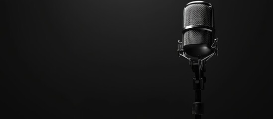 Poster - Black and white audio microphone on a stand against a dark black background. with copy space image. Place for adding text or design