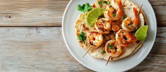 Poster - Shrimp skewers served with flatbread and lime. with copy space image. Place for adding text or design