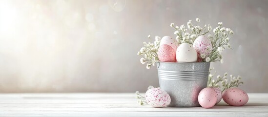 Poster - Easter eggs in a bucket on a white wooden table accompanied by lovely flowers. with copy space image. Place for adding text or design
