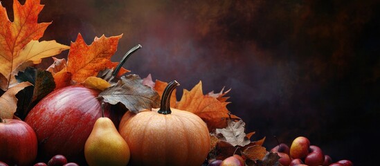 Fototapete - Autumn still life featuring pumpkins apples pears and vibrant leaves Includes space for your text. with copy space image. Place for adding text or design