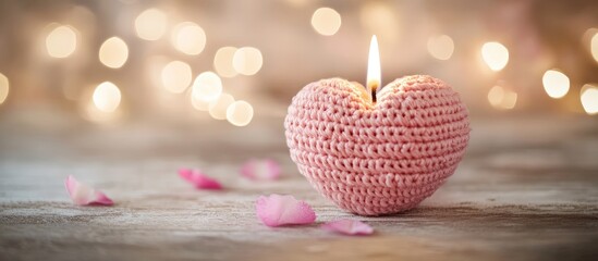 Aufkleber - Handmade crochet pink heart on a candle for Valentine s Day with copyspace Selective focus