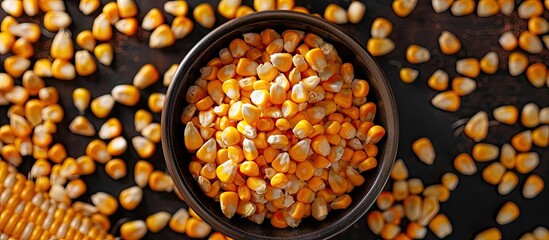 Aufkleber - Plate filled with corn kernels on a colored background. with copy space image. Place for adding text or design