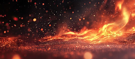 Poster - Fire flames on an abstract black background with burning red hot sparks rising and glowing orange particles flying. with copy space image. Place for adding text or design