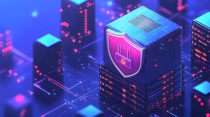 Futuristic cybersecurity concept with glowing shield protecting digital infrastructure in a high-tech cityscape. Data protection and network security.
