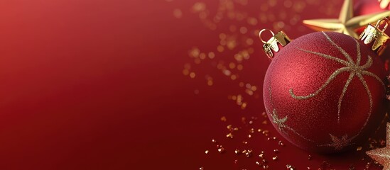 Poster - Christmas collection Christmas toys with space for text on the greeting card Gold and red ornament. with copy space image. Place for adding text or design