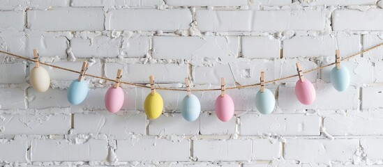 Poster - Decorative Easter eggs are suspended on clothespins in front of a white brick wall Copy space for text