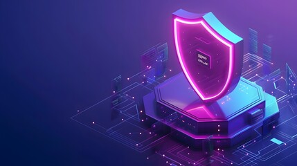 Poster - Futuristic cybersecurity shield with neon lighting, representing data protection on a digital circuit board. Concept of internet security.