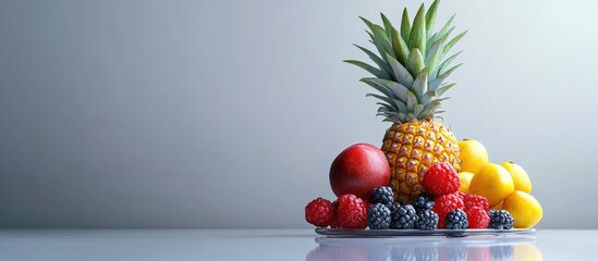 Poster - Exotic fruits on a glass surface against a light backdrop. with copy space image. Place for adding text or design