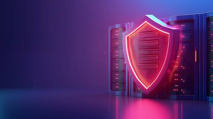 Poster - Futuristic data center with neon shield symbolizing cybersecurity. High-tech server protection in digital security network.