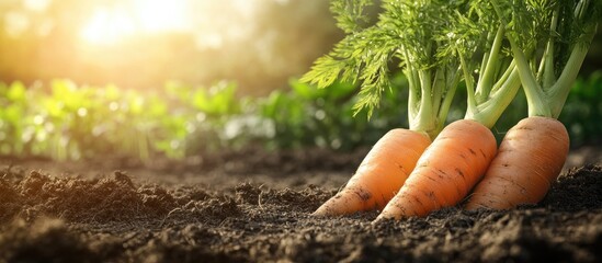 Aufkleber - harvest mature carrots in the garden with a backdrop of the carrot field. with copy space image. Place for adding text or design