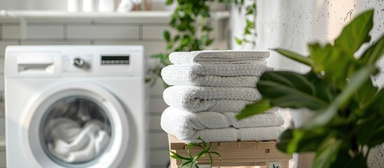 Poster - Stack of clean towels alongside a plant on the washing machine in the laundry room. with copy space image. Place for adding text or design