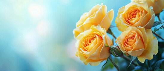 Poster - Close up of yellow roses against a blue background with soft selective focus. with copy space image. Place for adding text or design
