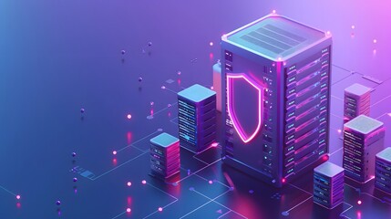 Poster - Futuristic data server room with glowing lights and secure shield symbol representing cybersecurity and data protection.