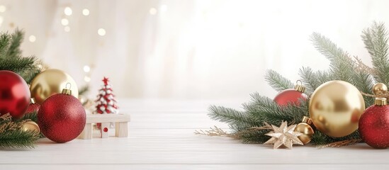 Aufkleber - Christmas arrangement featuring fir branches golden and red balloons and wooden toys on a white wooden surface. with copy space image. Place for adding text or design