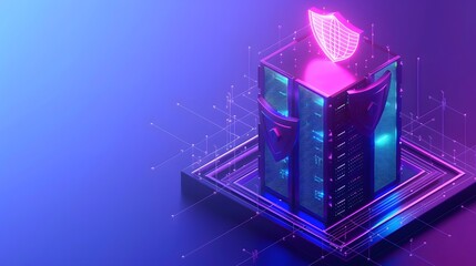 Poster - Futuristic data server with security shield, symbolizing data protection, cybersecurity, and digital safety in a vibrant blue-purple glow.